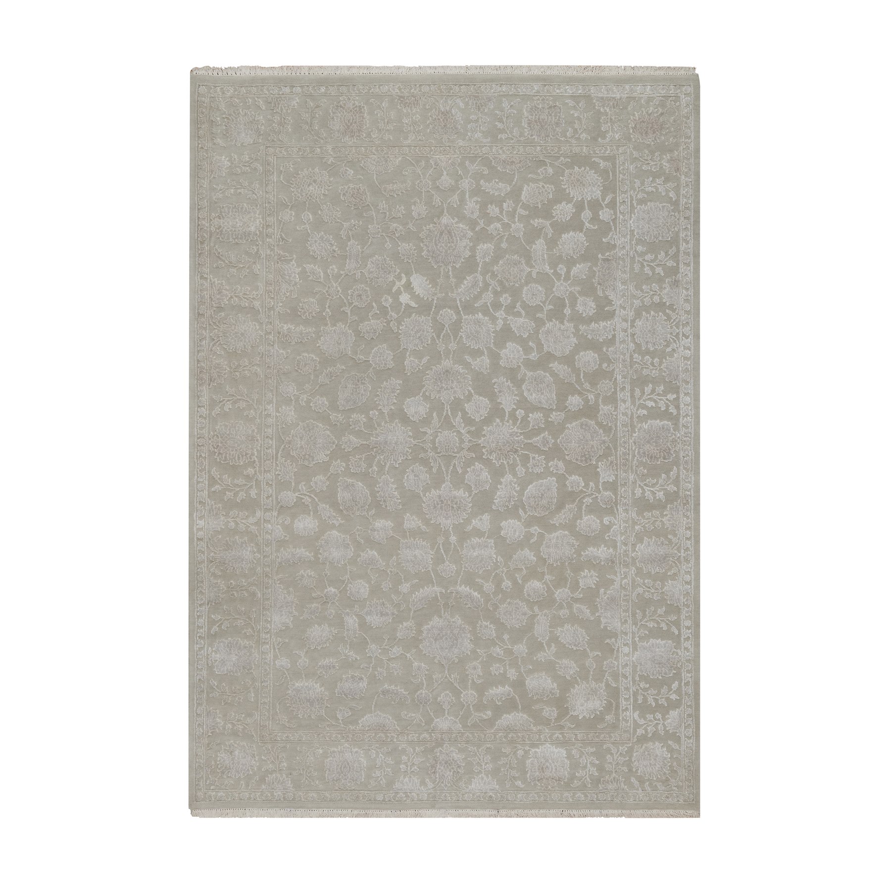 Stone Gray, 200 KPSI, Light Tone on Tone with Persian Design, Wool and Plant Based Silk, Thick and Plush, Hand Knotted, Oriental Rug